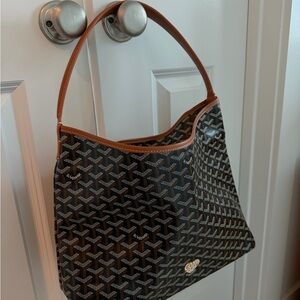 Black Patterned Shoulder Bag with Tan Trim